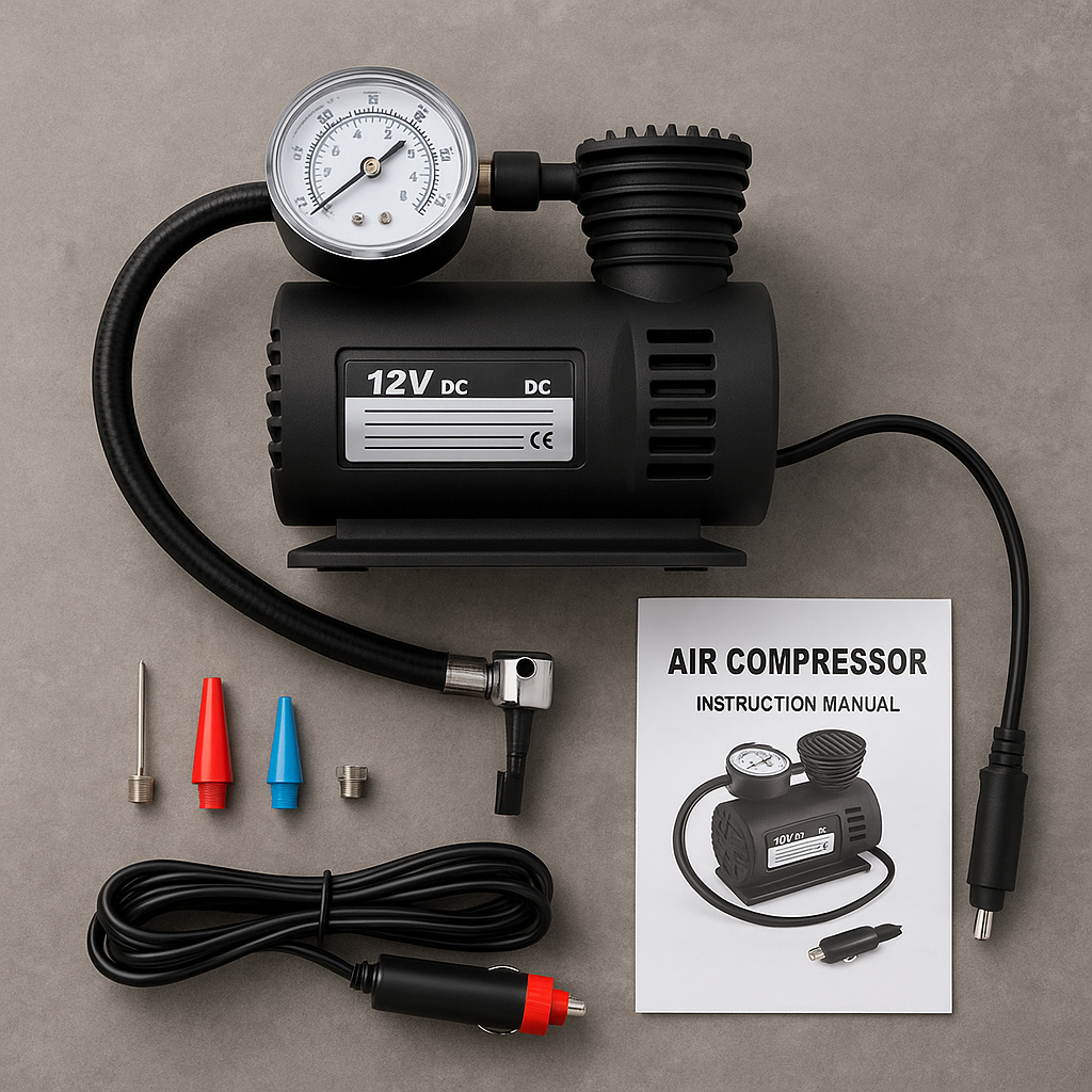 Portable Car Air Compressor Pump – 12V Electric Tire Inflator with Pressure Gauge & Nozzle Set