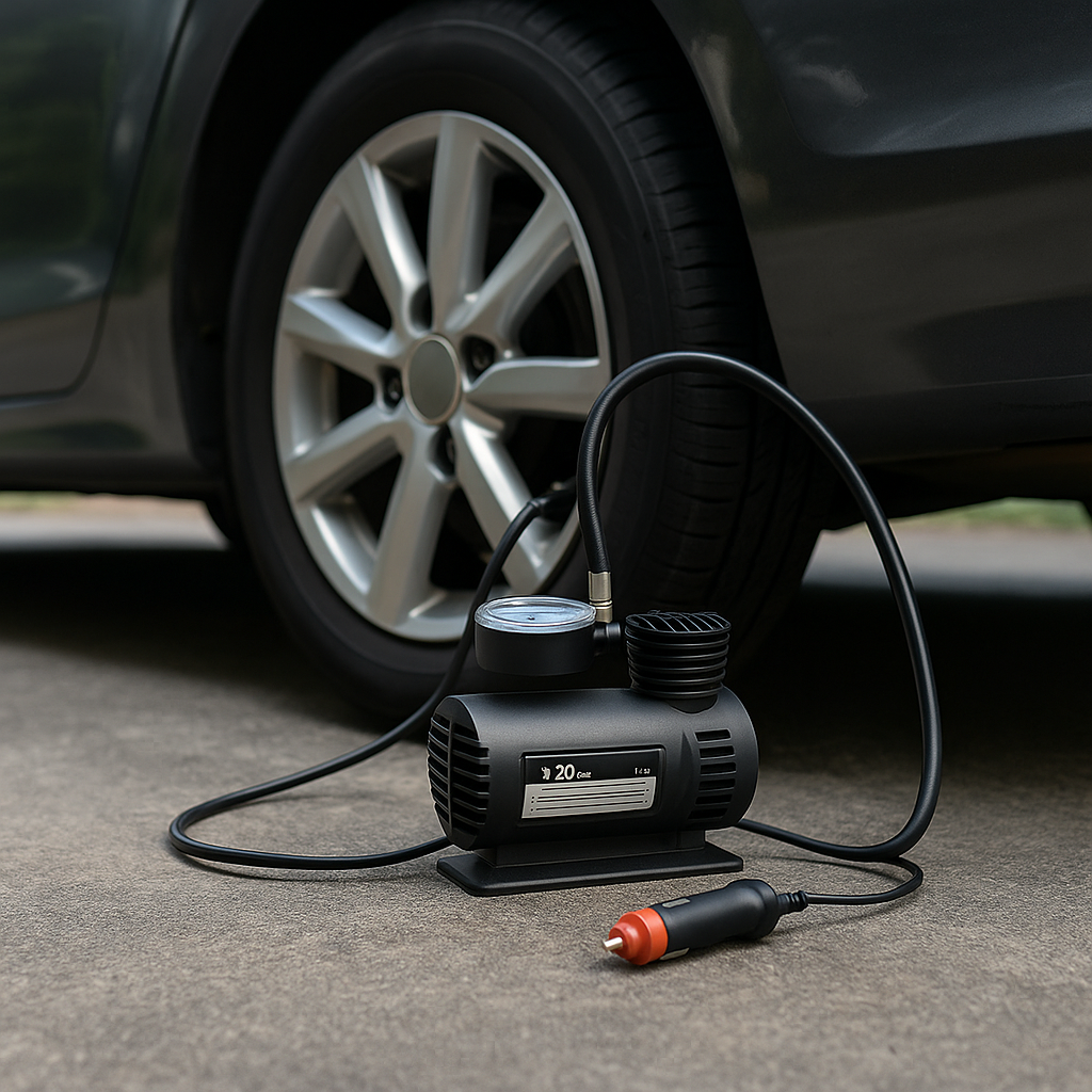 Portable Car Air Compressor Pump – 12V Electric Tire Inflator with Pressure Gauge & Nozzle Set