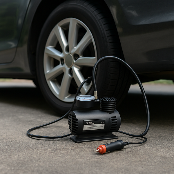 Portable Car Air Compressor Pump – 12V Electric Tire Inflator with Pressure Gauge & Nozzle Set