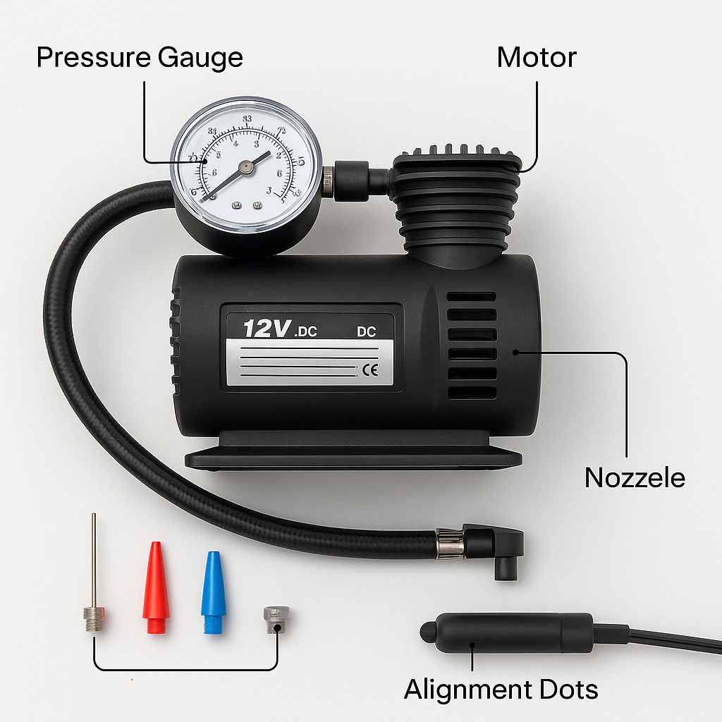 Portable Car Air Compressor Pump – 12V Electric Tire Inflator with Pressure Gauge & Nozzle Set