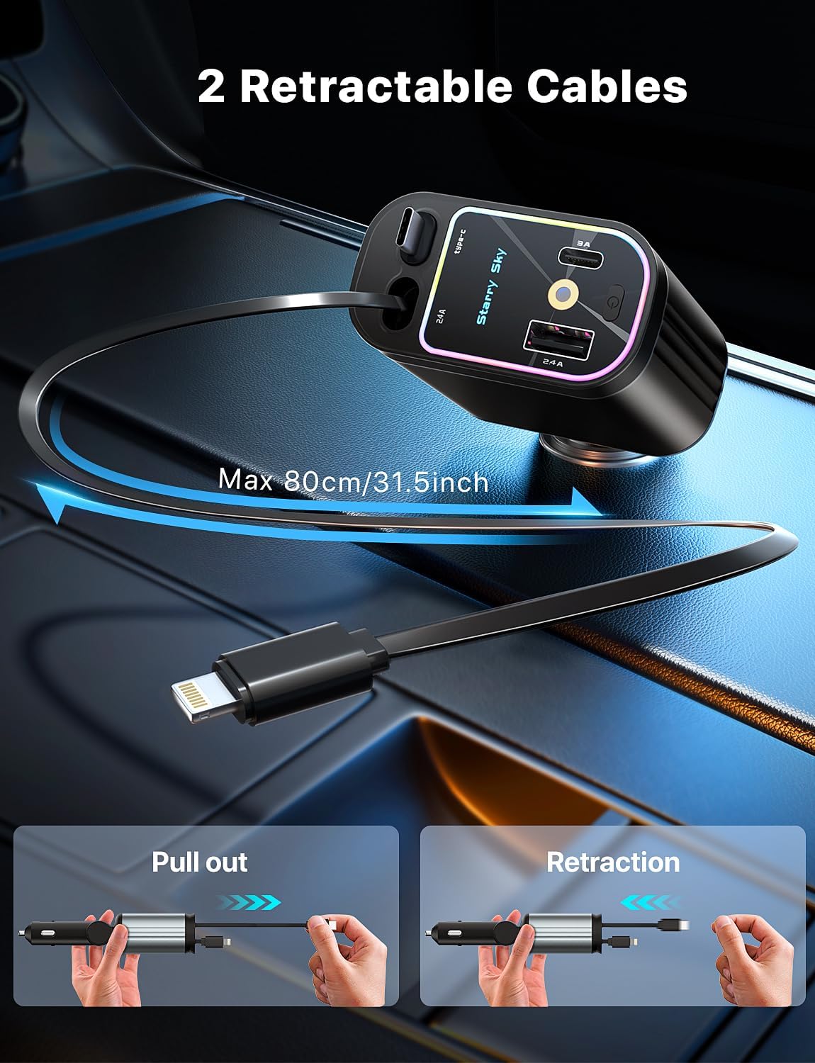 Starlight In Car Roof 4 in 1 Retractable Car Charger