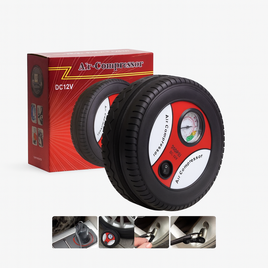 Car 12V Mini Air Pump – Portable Electric Tire Inflator Air Compressor with Pressure Gauge