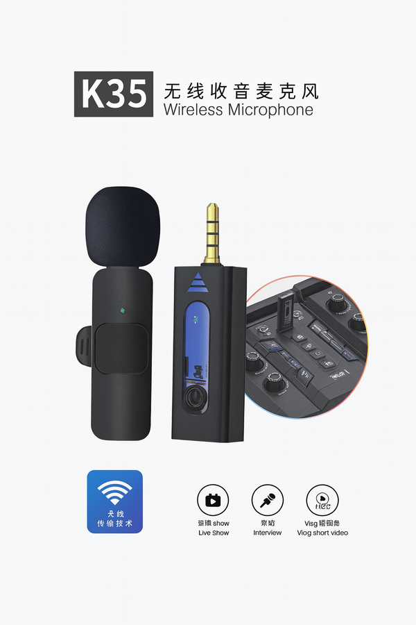 "K35 Wireless Microphone – Clip-On Lavalier Mic with Receiver for Live Shows, Interviews & Vlogs"