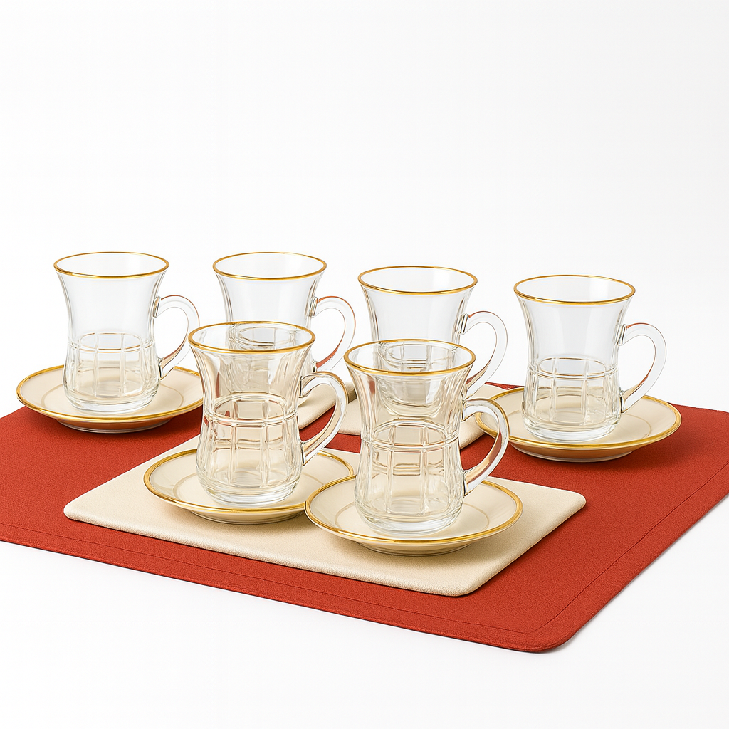 Elegant 6-Piece Gold Rimmed Clear Glass Tea Cup & Saucer Set – Classic Turkish Design