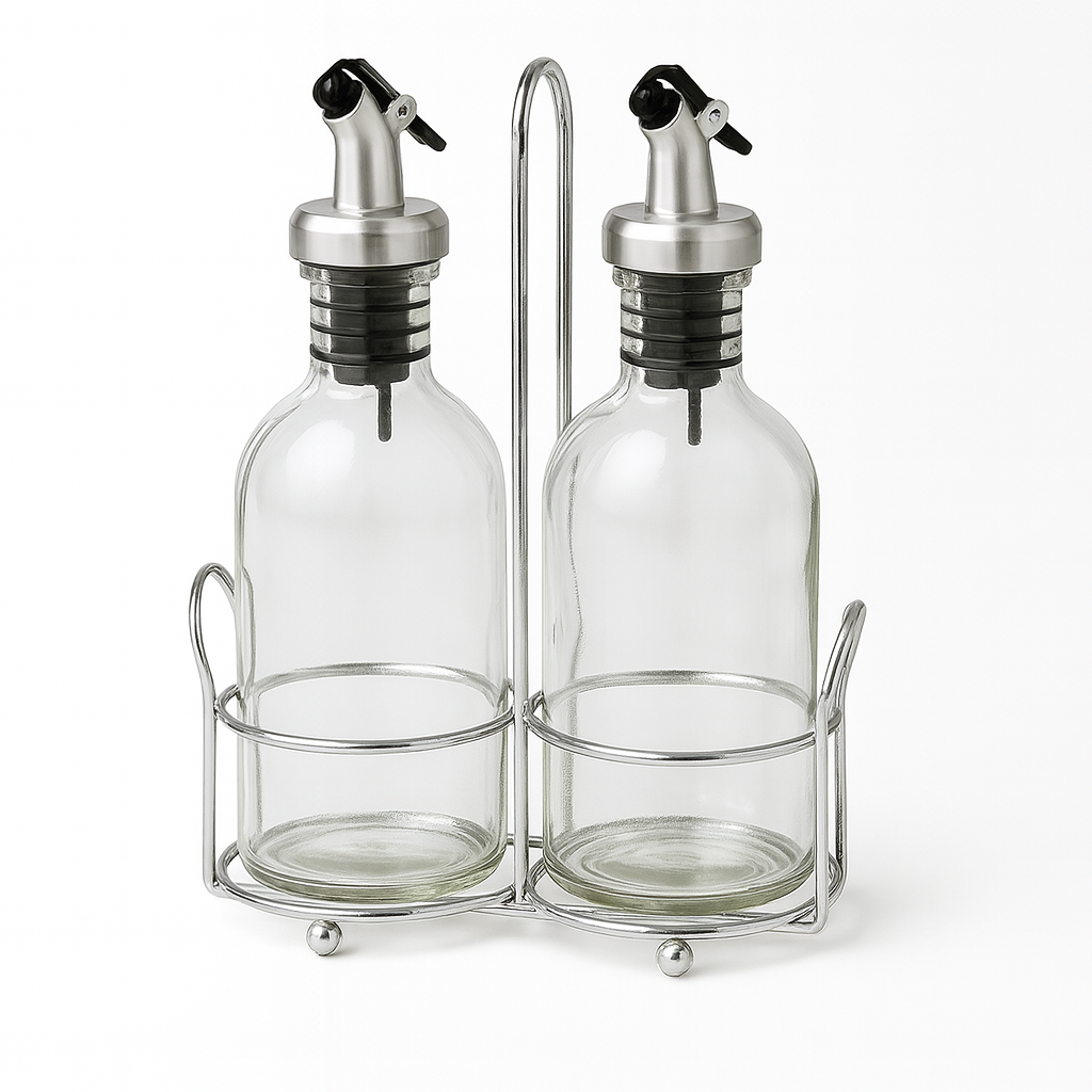 2-Piece Glass Oil & Vinegar Dispenser Bottle Set with Stainless Steel Pourers and Metal Rack