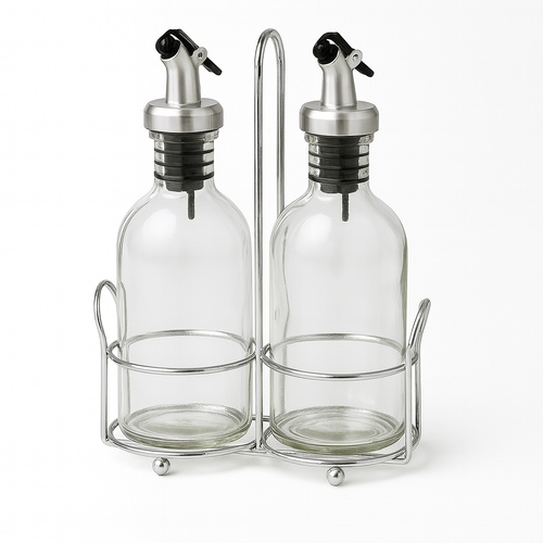 2-Piece Glass Oil & Vinegar Dispenser Bottle Set with Stainless Steel Pourers and Metal Rack