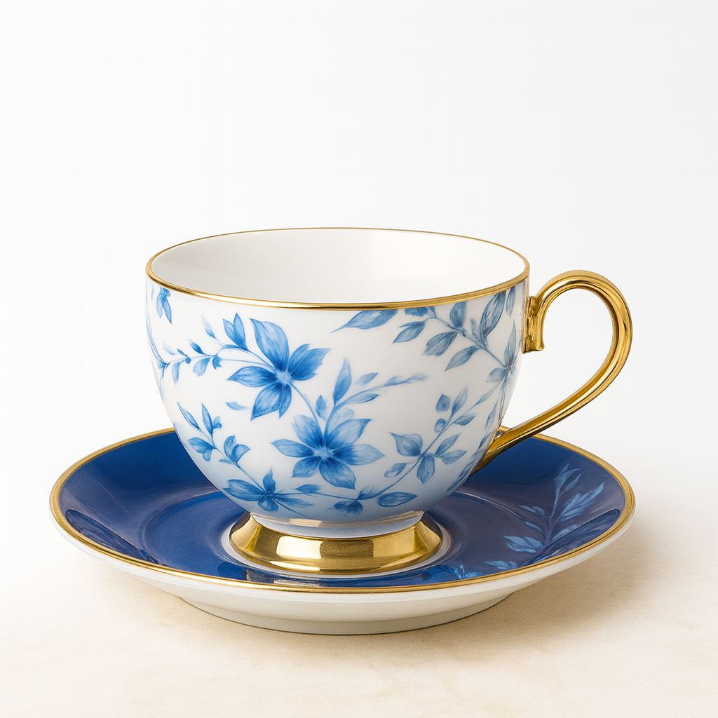 Elegant Floral Porcelain Tea Cup with Gold Rim and Royal Blue Saucer – Vintage English Style