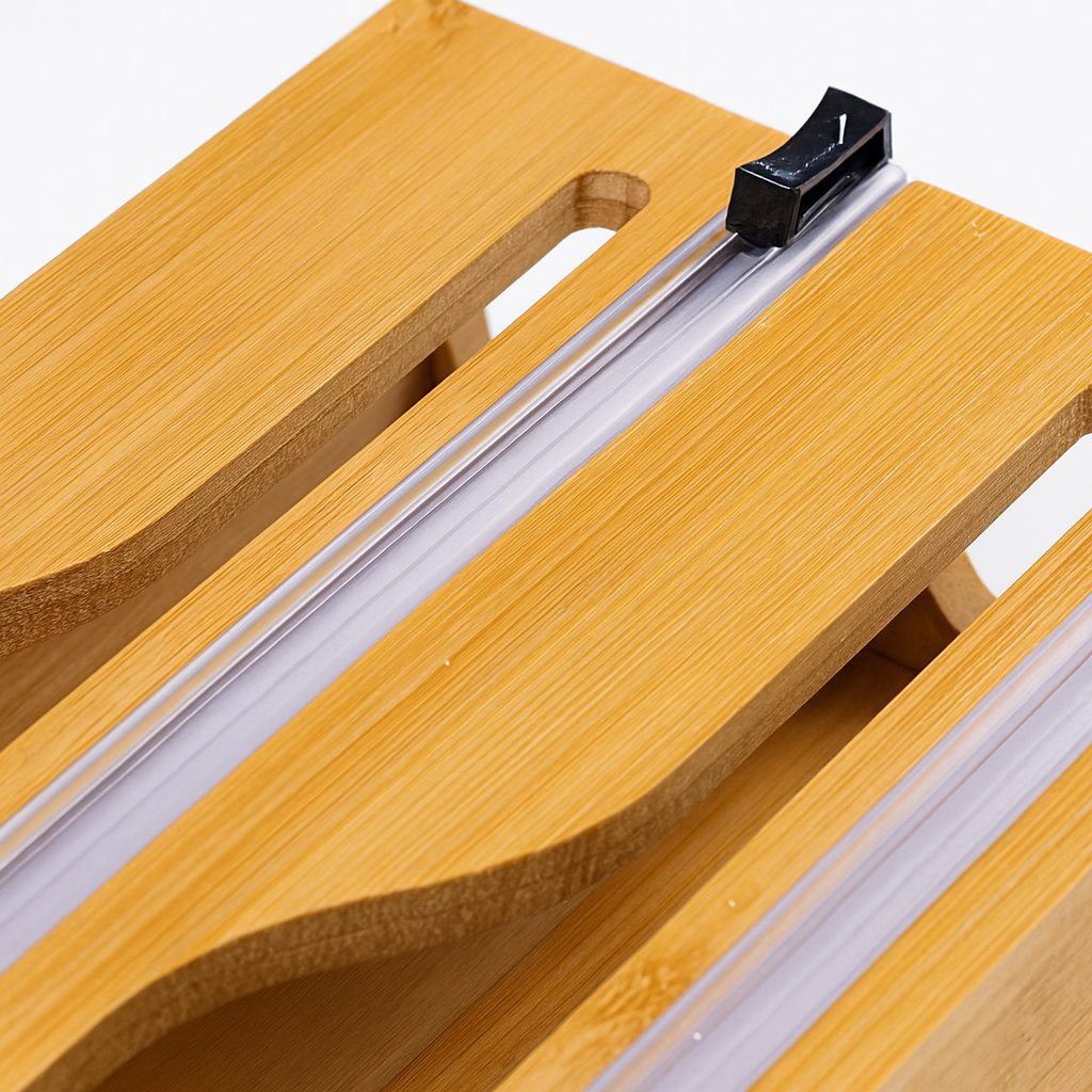 Close-Up of Bamboo Plastic Wrap Dispenser with Slide Cutter – Smooth Finish & Built-