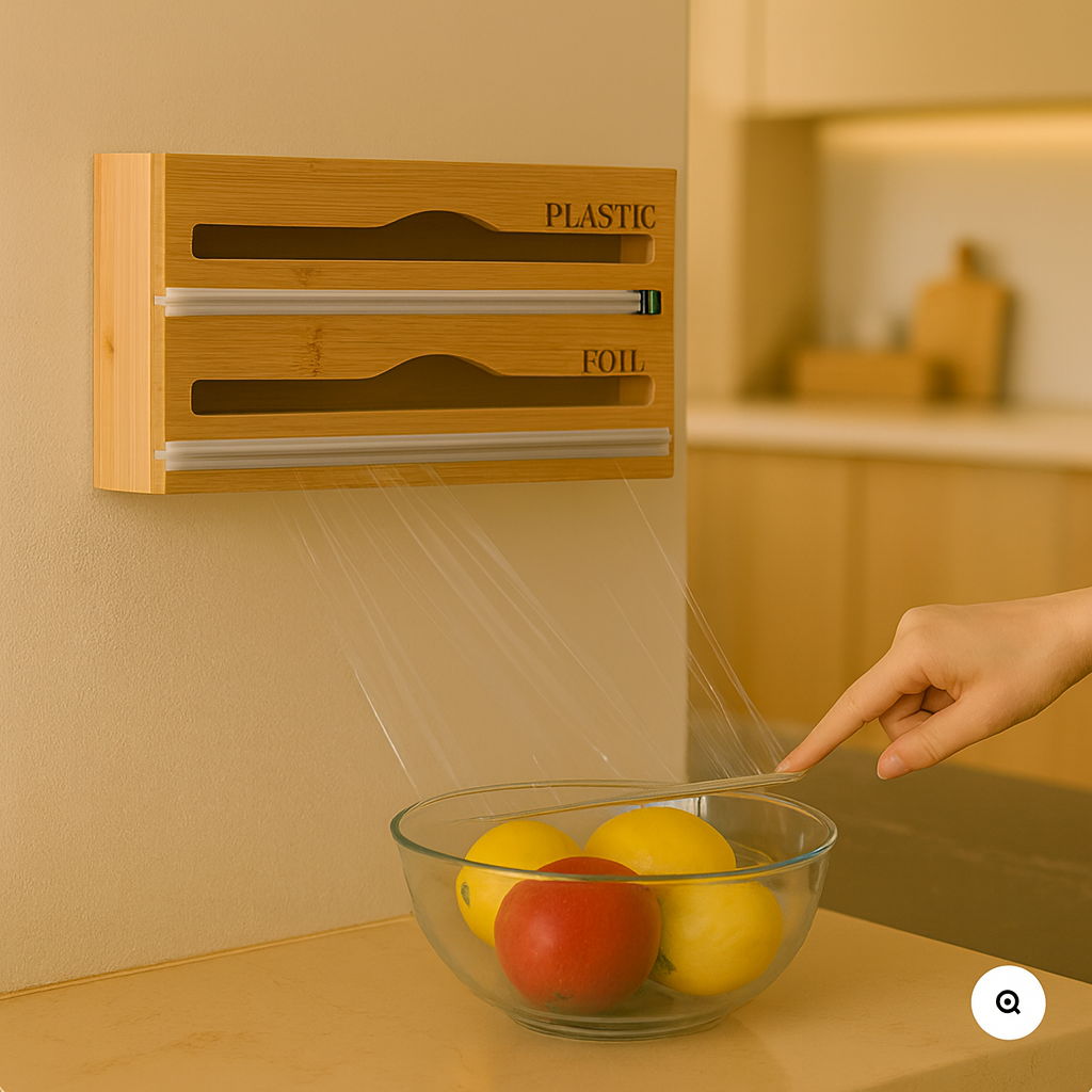 Close-Up of Bamboo Plastic Wrap Dispenser with Slide Cutter – Smooth Finish & Built-